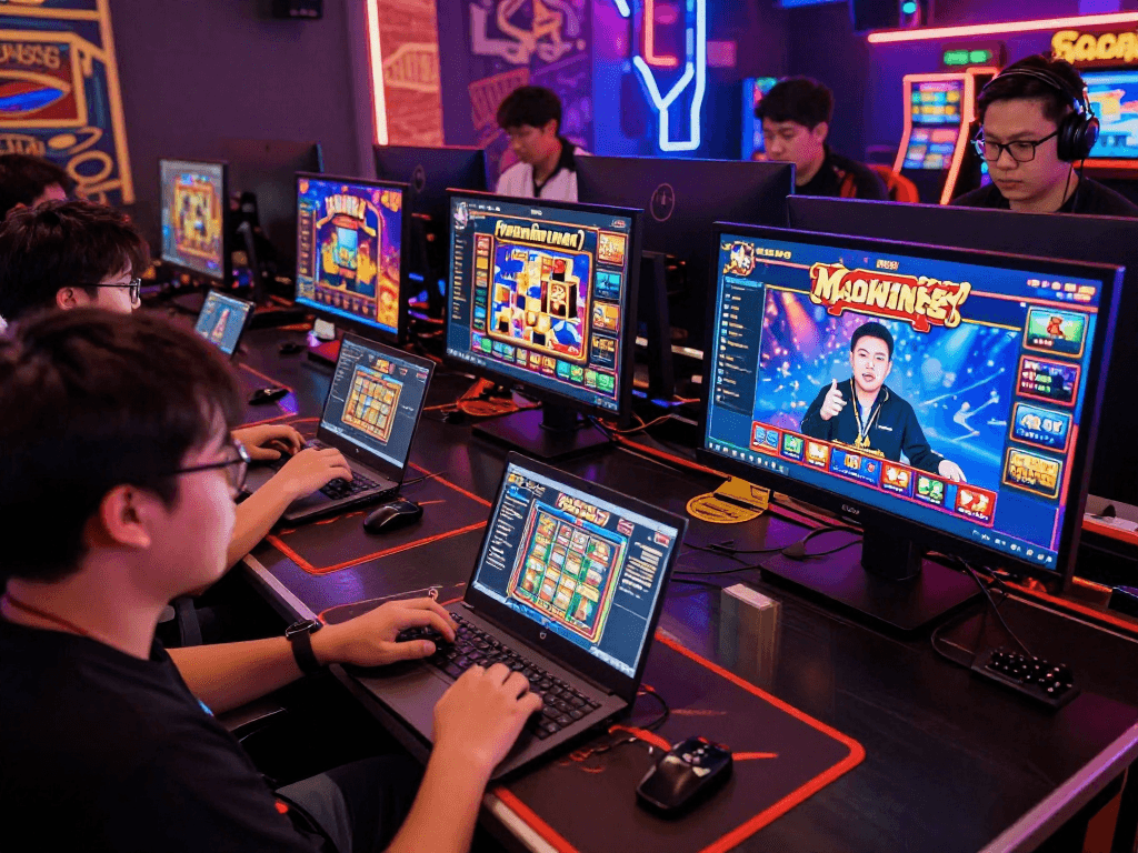 Dynamic gaming moment capturing players enjoying gacor slot games on mobile and laptop, vibrant atmosphere.