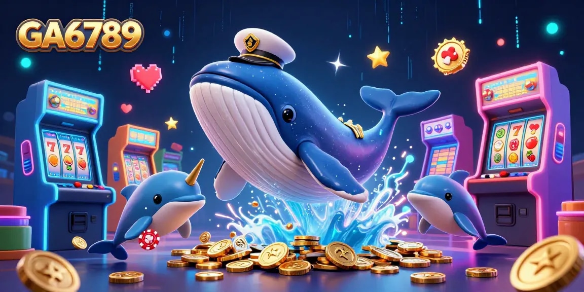 GA6789 unleashes a vibrant casino experience with a whale, narwhal, and dolphins amidst coins and game machines.