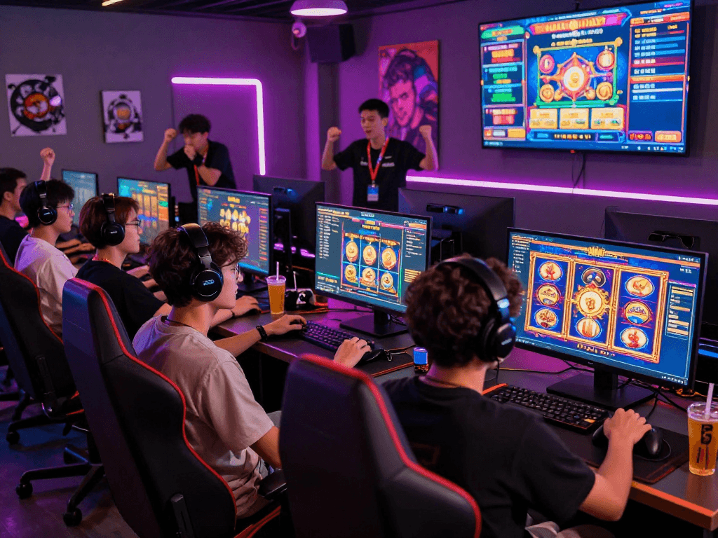 Exciting gaming atmosphere with players enjoying link gacor slots at a vibrant gaming lounge.