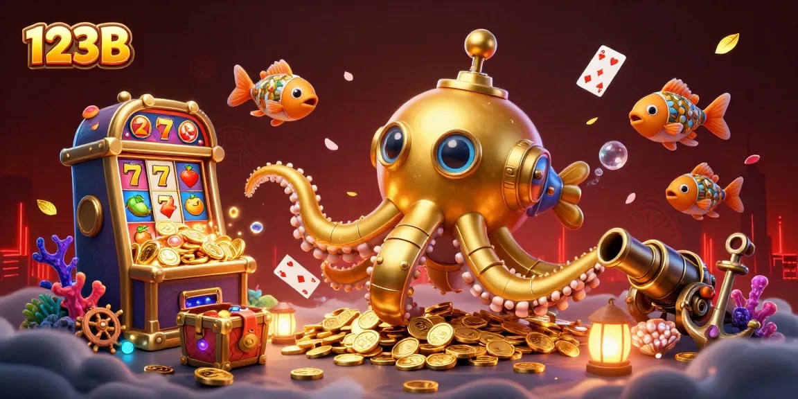 Engage with 123B's vibrant gameplay featuring a golden kraken submarine and floating slot symbols.