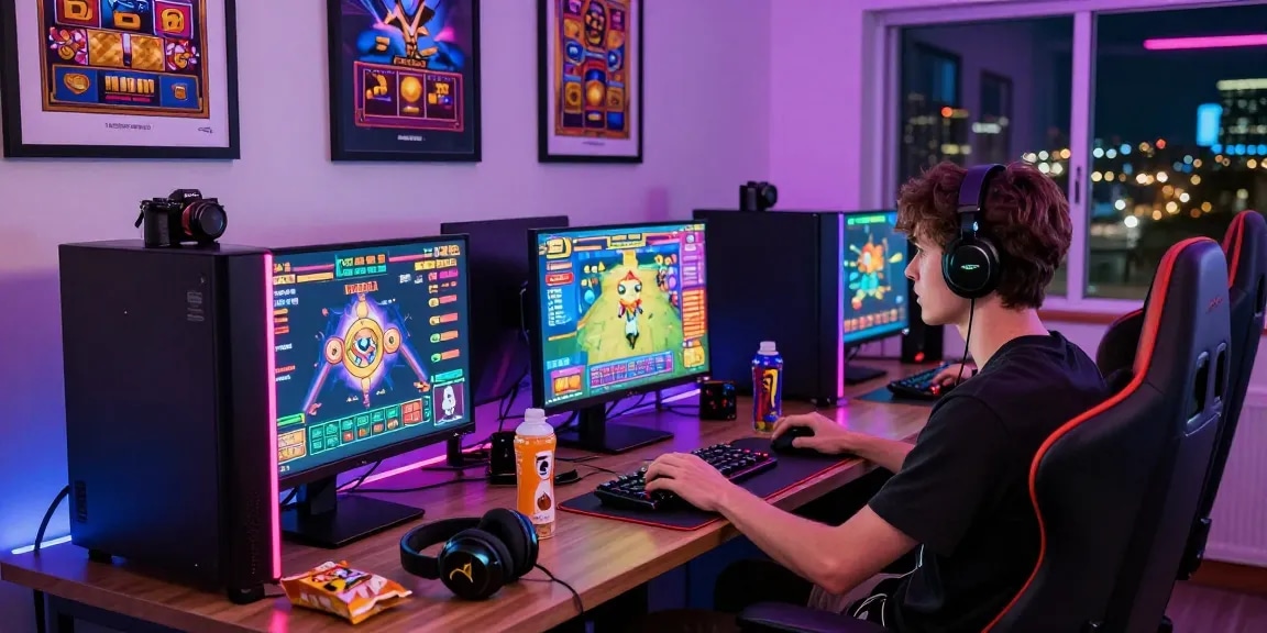 Dynamic online gaming scene with link gacor slot game interfaces, vibrant atmosphere, and gaming accessories