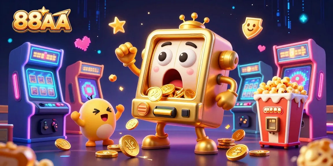88AA slot machine hits a jackpot surrounded by lively gaming elements and cheerful companions.
