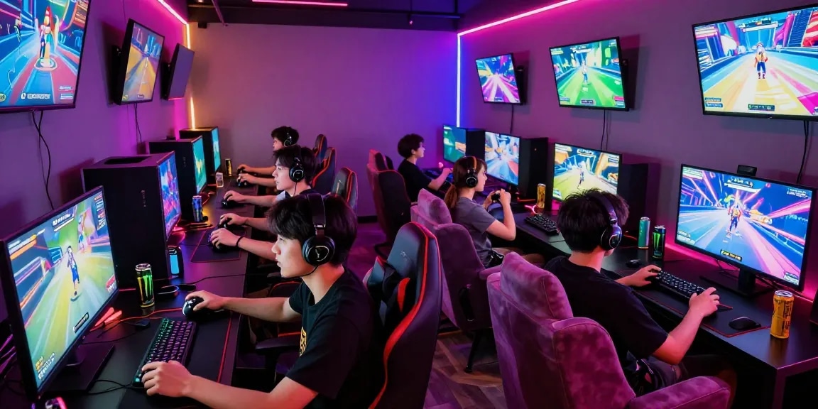 Gamers enjoying free porn games in a vibrant gaming lounge.
