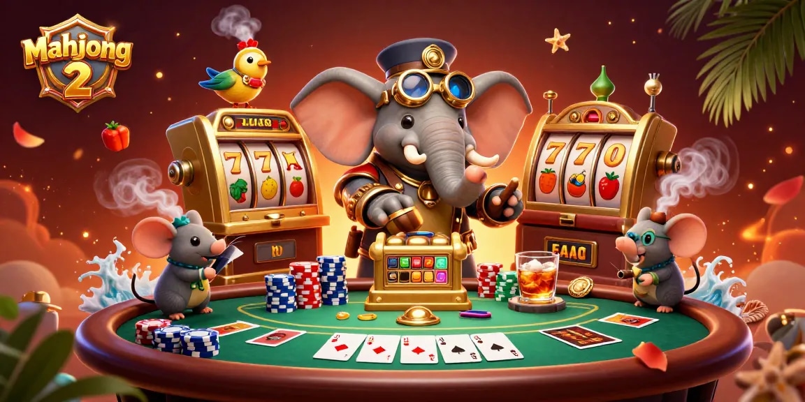 Play thrilling mahjong 2 slot games with a steampunk elephant engineer and vibrant casino elements.