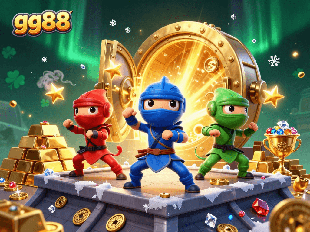 Join the action at gg88 with a vibrant 3D illustration of chameleon ninjas amidst dazzling treasures.