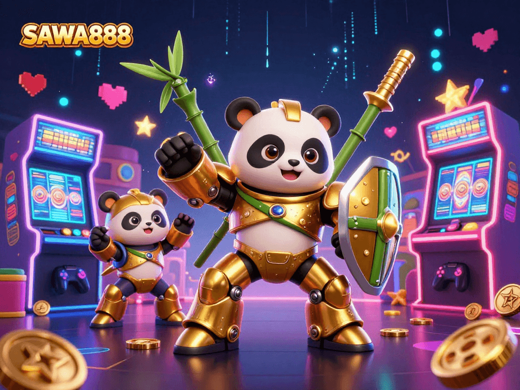 Engage in thrilling gameplay with SAWA888, featuring a golden panda in a vibrant casino arena.