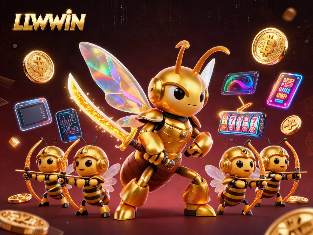 Experience thrilling gameplay with LLWWIN's energetic 3D casino scene showcasing vibrant characters and slot machine elements.