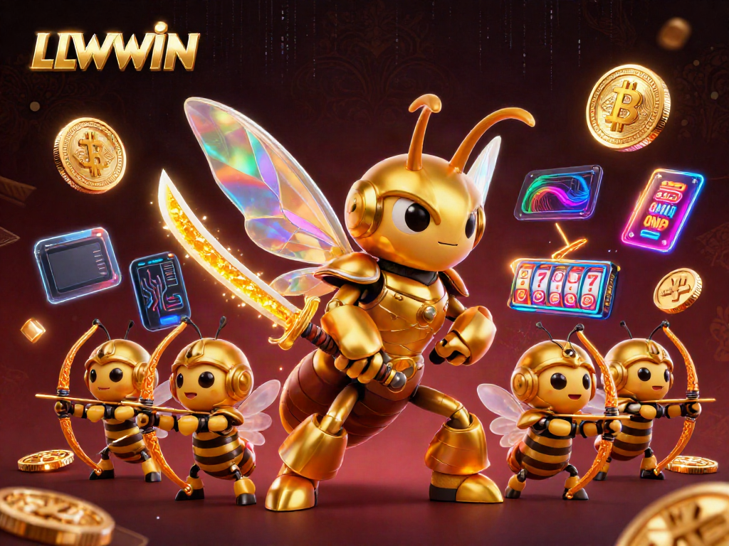 Experience thrilling gameplay with LLWWIN's energetic 3D casino scene showcasing vibrant characters and slot machine elements.