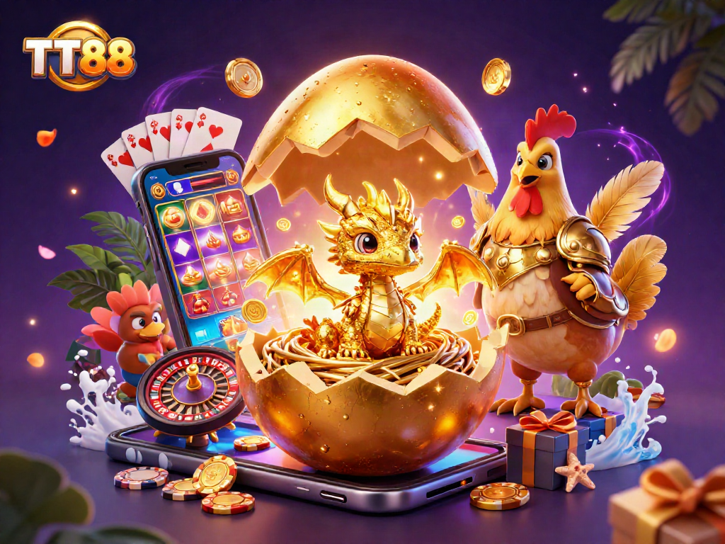Experience the magic of TT88 with a golden dragon and poker chips in a dynamic 3D casino scene.