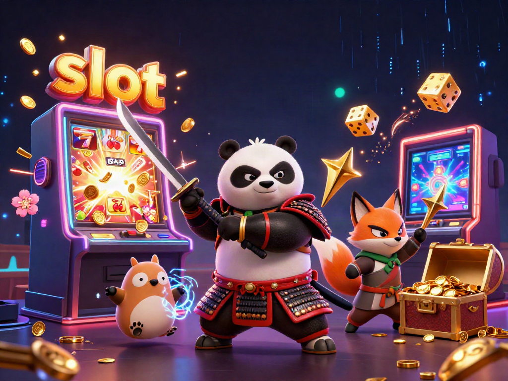 Experience win excitement with slot machines and cartoon characters bursting with coins and symbols.
