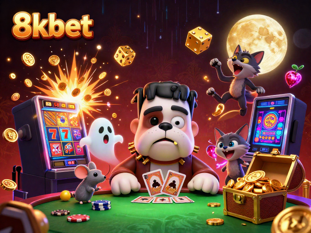 Engage with thrilling 8xbet casino action featuring a playful bulldog dealer and vibrant game elements.