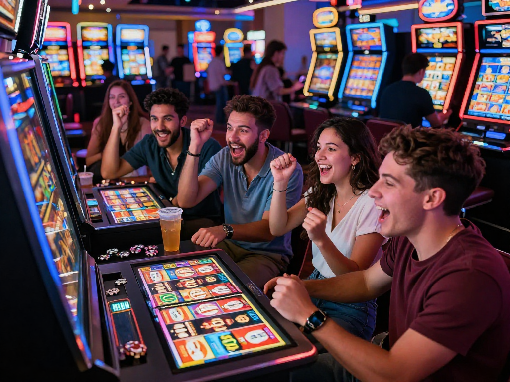 Group celebrating a slot jackpot win at a vibrant casino, with colorful lights and excitement.