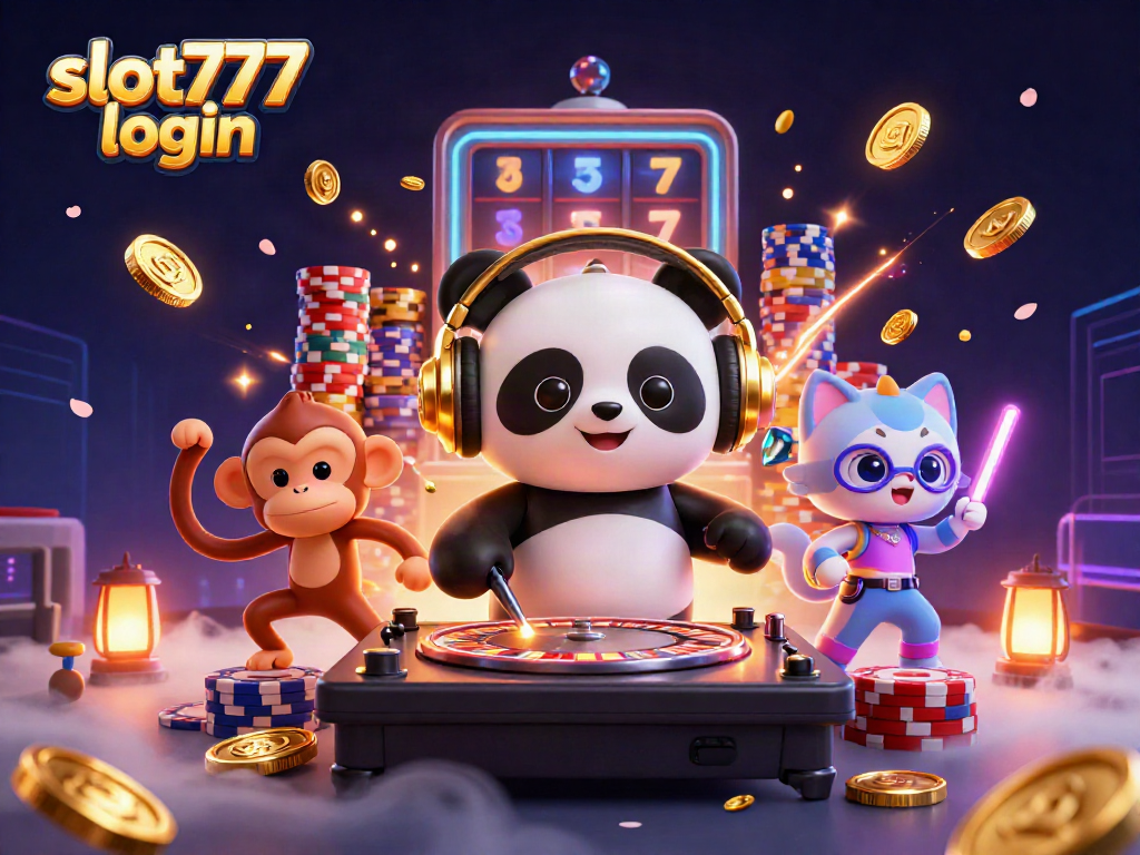 Play slot777 login with a DJ panda, breakdancing monkey, and a rave kitten amidst glittering casino elements.