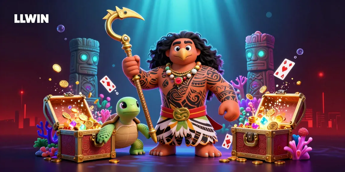 Action-packed illustration featuring LLWIN with a demigod and turtle amidst vibrant underwater treasures.