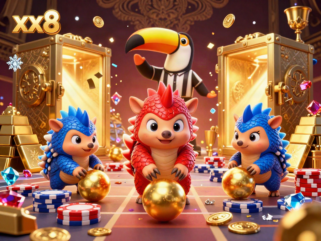Experience the exciting xx8 casino scene featuring rival pangolins and treasure amid poker chips.