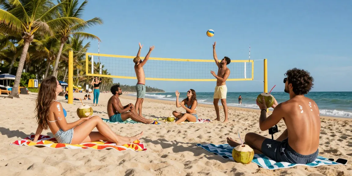 Friends at the beach enjoying Motchill drinks in a vibrant summer setting.