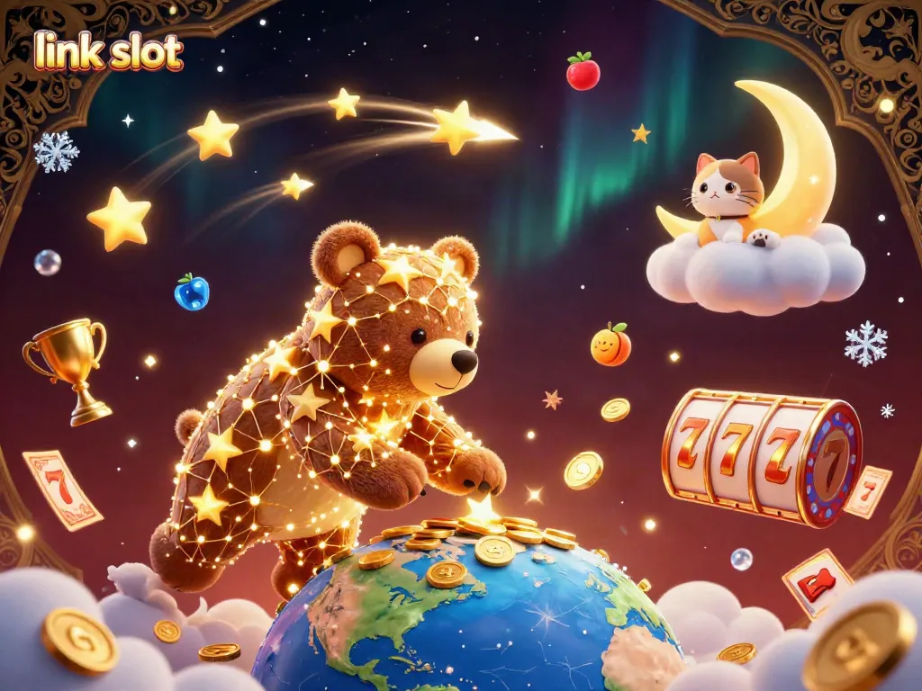 Experience excitement at link slot with a vibrant 3D casino scene featuring golden stars and slot elements.