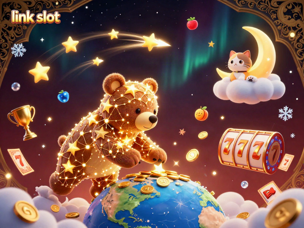Experience excitement at link slot with a vibrant 3D casino scene featuring golden stars and slot elements.