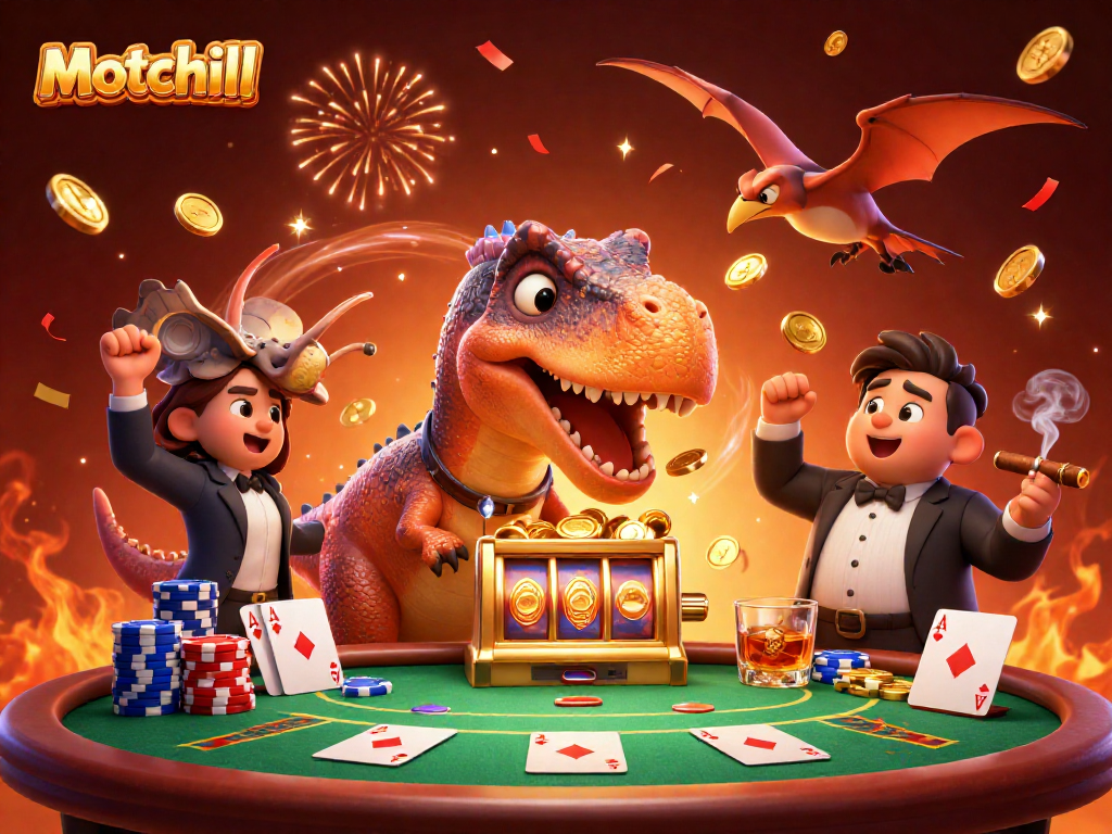 Watch Motchill's pachycephalosaurus triumphantly hitting a slot machine, sending coins flying in this vibrant casino scene.