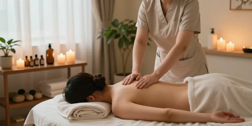 Relaxing 의정부출장마사지 therapy session in a serene spa environment with soothing elements.