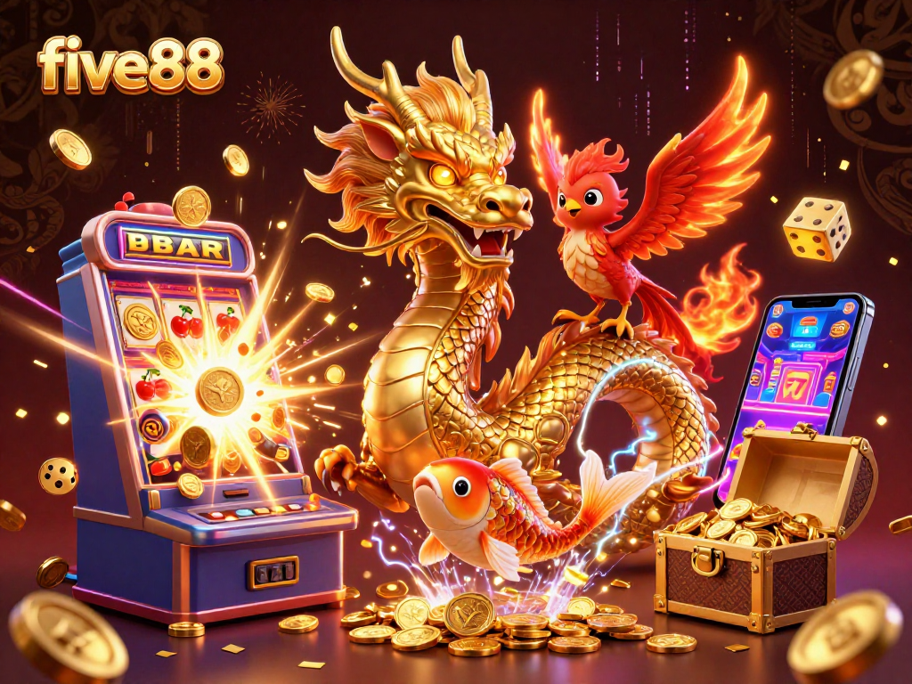 Experience the excitement at five88 with a dynamic casino scene featuring a golden dragon and abundant game elements.