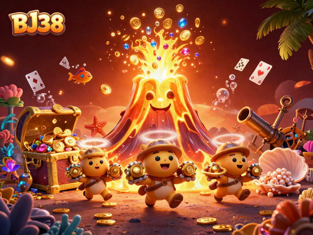 BJ38 showcases a vibrant scene of adventure and treasure in gaming with erupting volcano and fleeing animals.