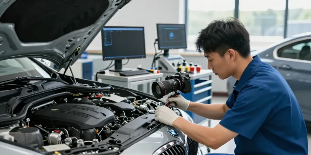 Expert technician at a BMW werkstatt hannover performing diagnostic checks for vehicle maintenance.