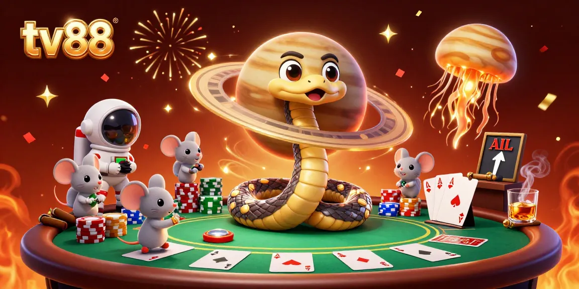 Bet on TV88's thrilling casino games with astronaut mice amidst a cosmic scene