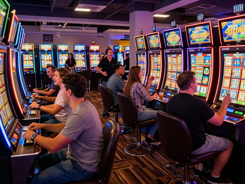Excited players celebrating hitting the slot jackpot in a vibrant casino atmosphere.