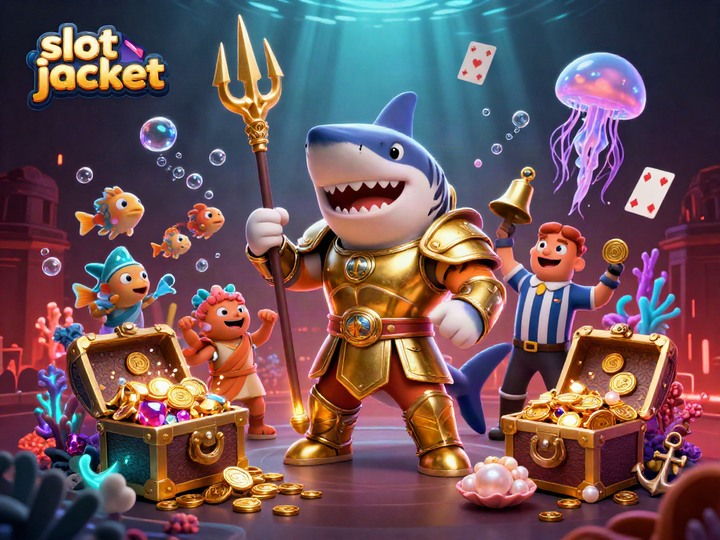 Engaging scene of slot jackpot excitement with a shark warrior and an underwater audience.