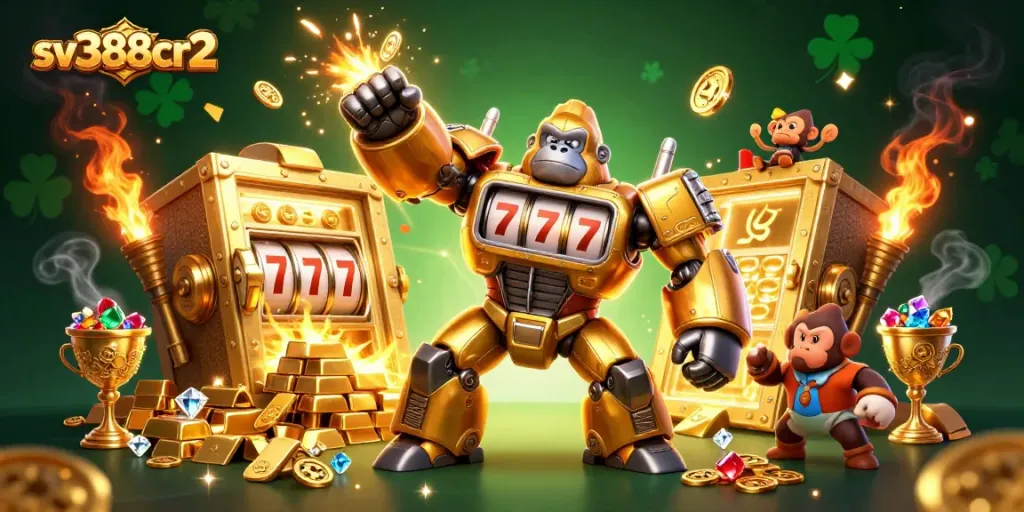 Experience the excitement of sv388cr2 as a golden gorilla mech launches coins in a vibrant 3D casino scene.