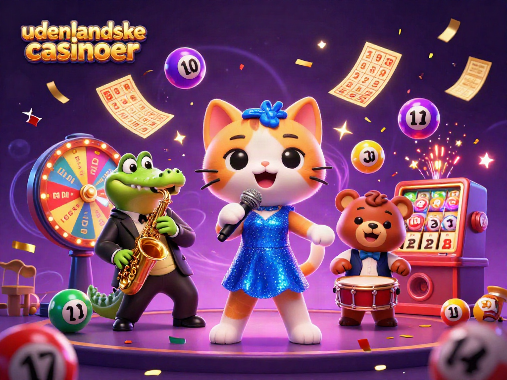 Engaging illustration of udenlandske casinoer featuring lively characters in a festive casino setting.