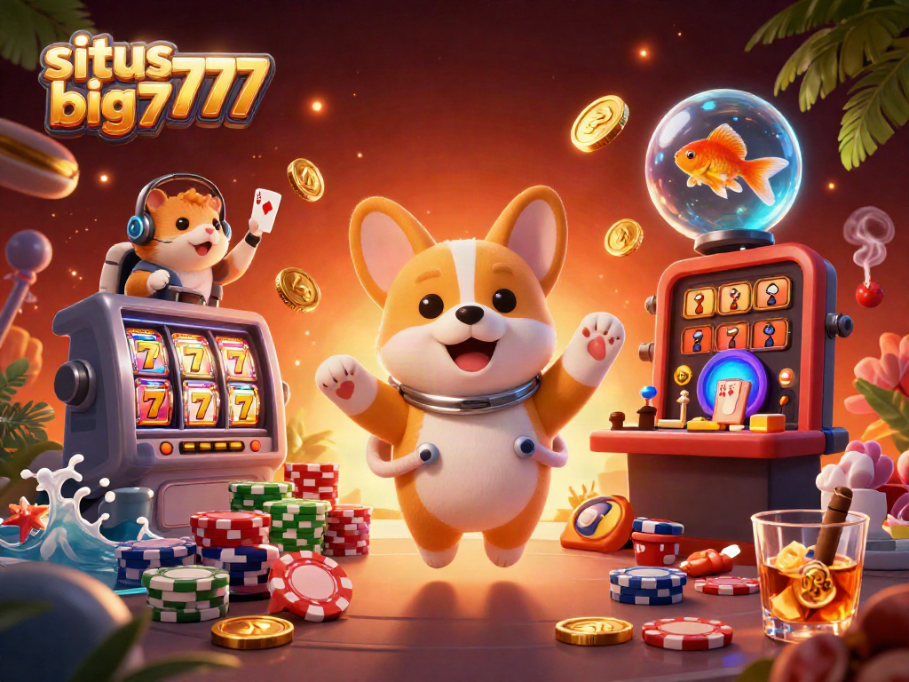 Enjoy the thrill at situs big777 with floating poker chips, gaming action, and vibrant casino charms.