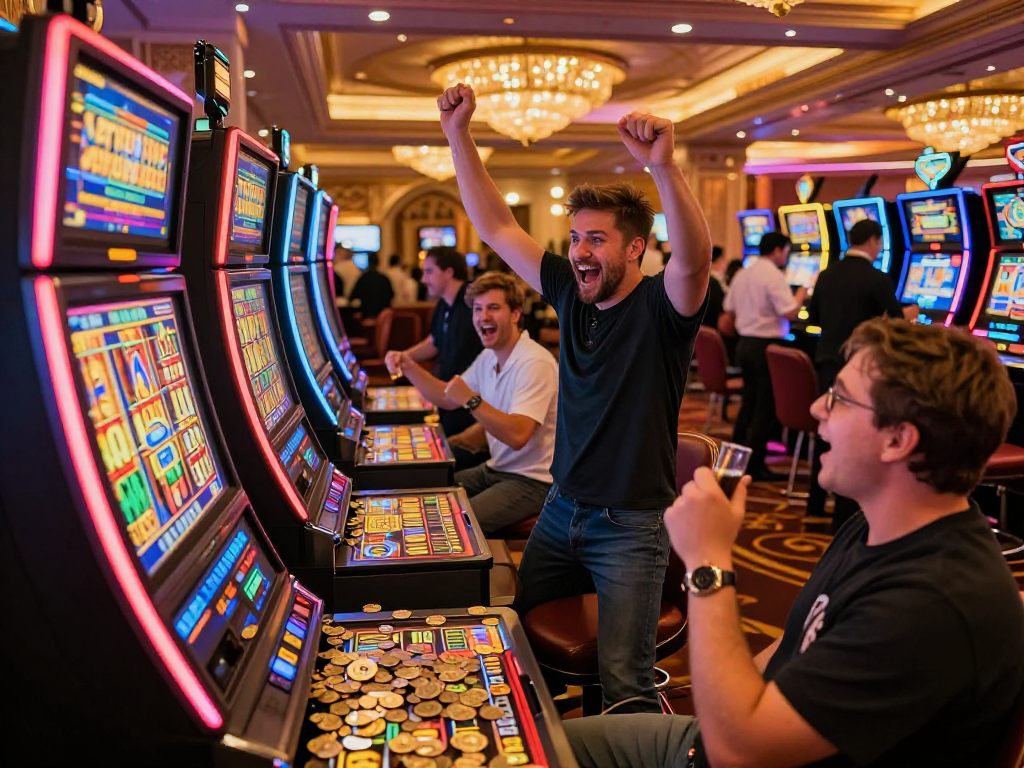 Player celebrating hitting the slot jackpot among vibrant casino lights.