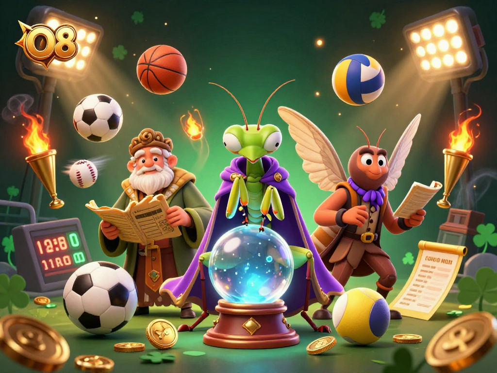 Experience thrilling O8 action with a mystical fortune teller and sports elements in this vibrant scene.