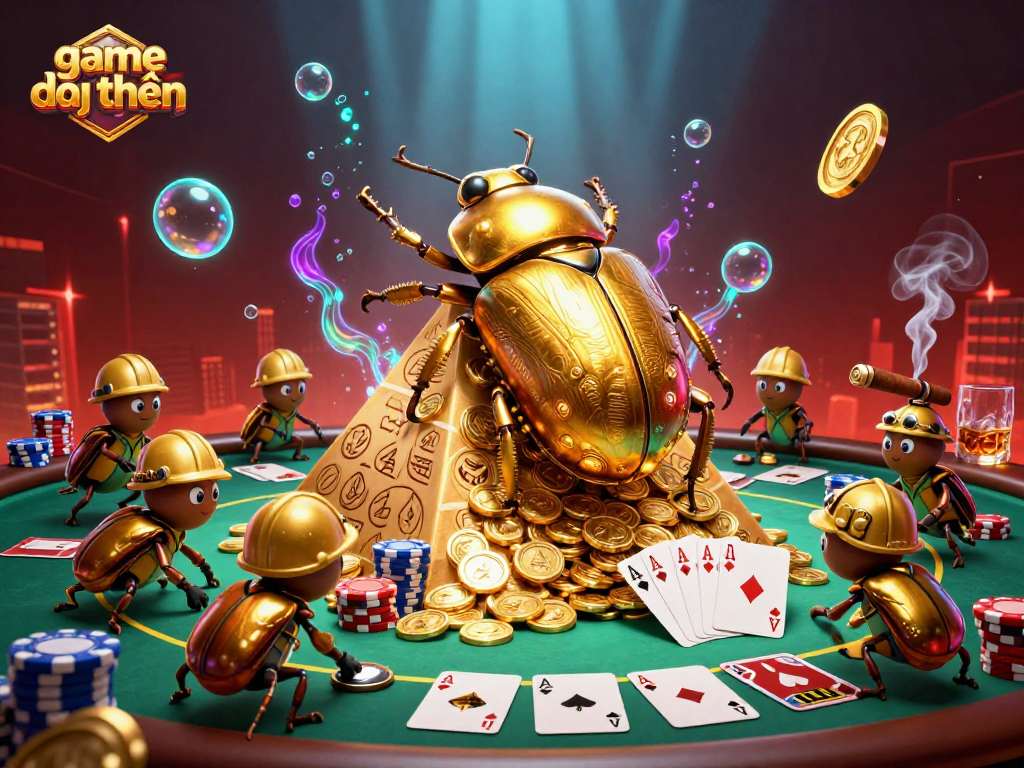 Engage with game đổi thưởng through a vibrant 3D scene of a golden beetle and poker elements.