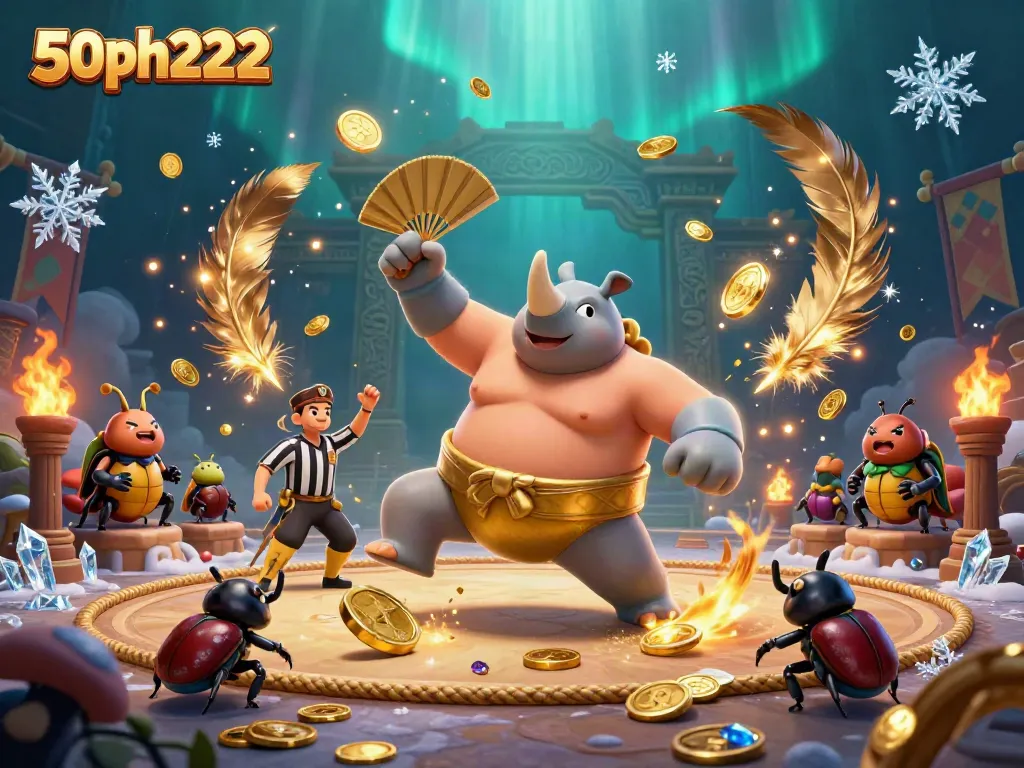 Experience the excitement of betting at 50ph222 with a rhinoceros beetle sumo champion among golden coins.