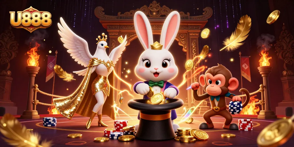 U888 Casino illustration showing a magical rabbit pulling coins, enhancing the gaming experience.