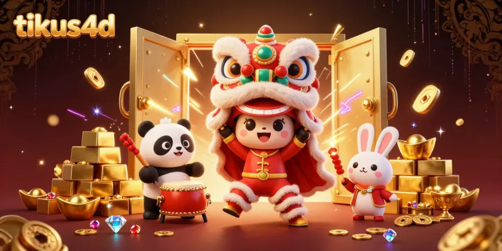 Experience the thrill of tikus4d with dynamic characters celebrating at a Chinese New Year-themed casino.