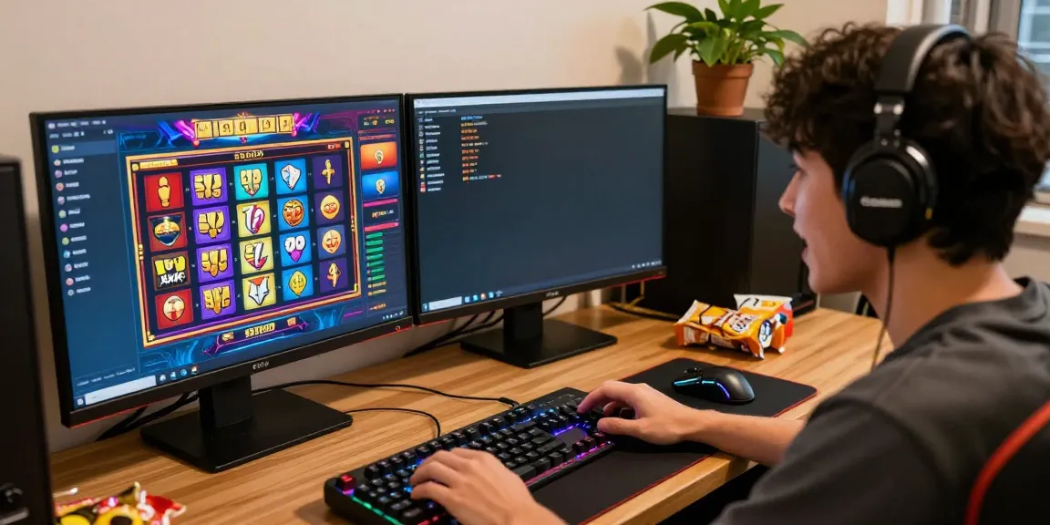 Engaged gamer playing king999 slot game on dual monitors with colorful graphics.