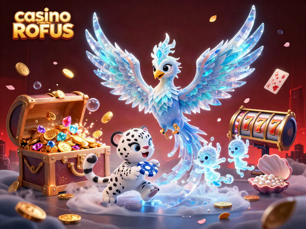 Engage with casino uden ROFUS in an enchanting scene featuring an ice phoenix, poker chips, and vibrant casino elements.