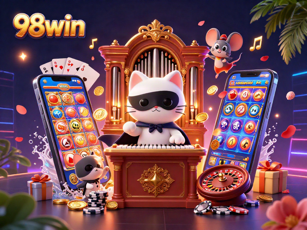 Engage with 98win's vibrant casino scene, showcasing dynamic characters and immersive gaming elements.