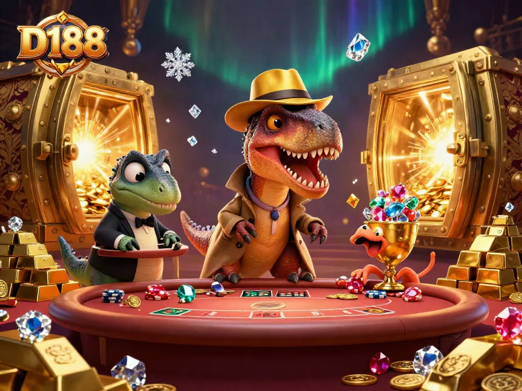 D188 cartoon velociraptor discreetly counting cards at a blackjack table amidst gambling treasures.