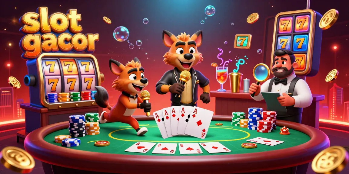 Experience thrilling slot gacor action amidst a lively casino atmosphere, featuring hyenas in a comedic setup.