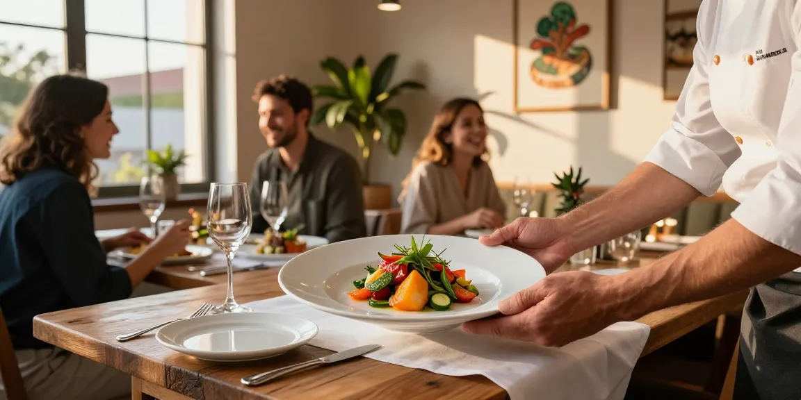 Chef presenting a beautifully plated dish at a restaurant, seanbowieforaz culinary experience.