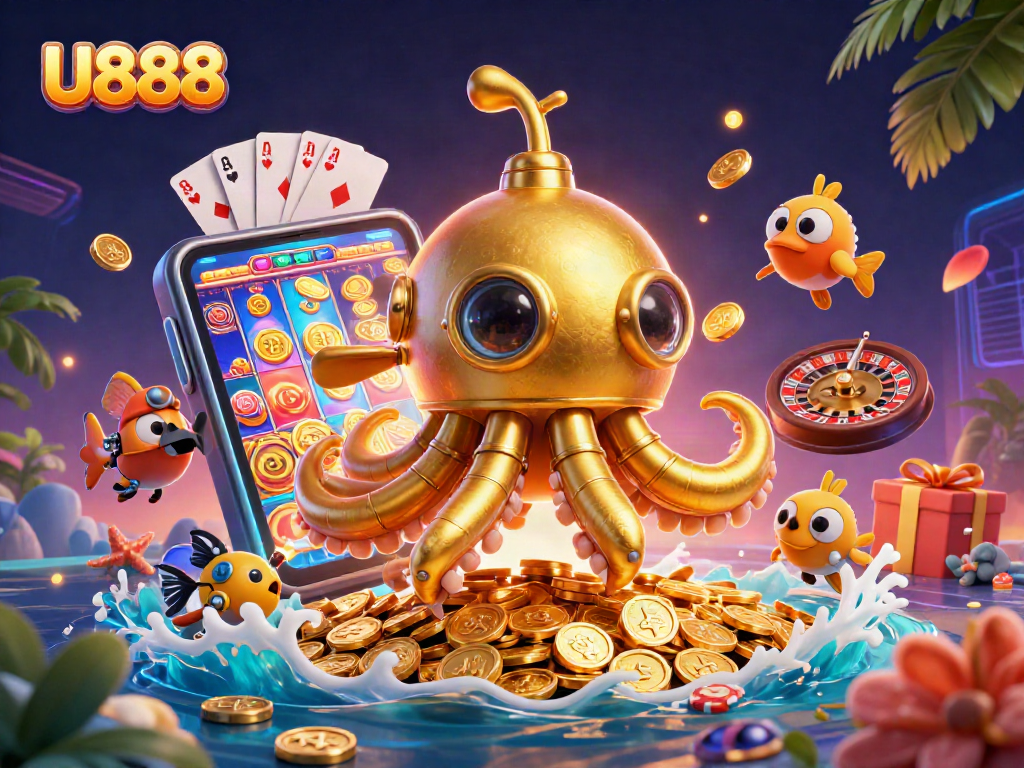 Engage with U888’s vibrant 3D gaming scene showcasing a kraken, slot games, and more.