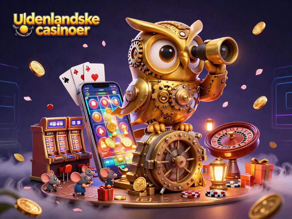Engaging scene of udenlandske casinoer showcasing a clockwork owl, vibrant slot games, and whimsical elements.
