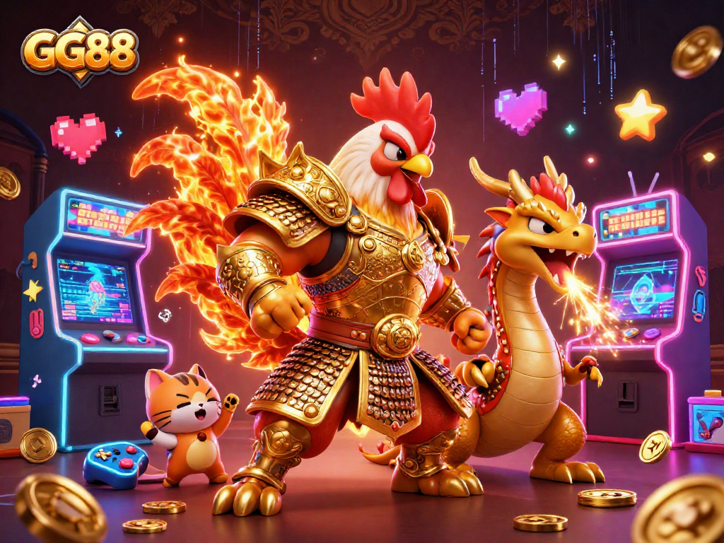 Engage with GG88's thrilling online gambling experience featuring vibrant characters and game elements.