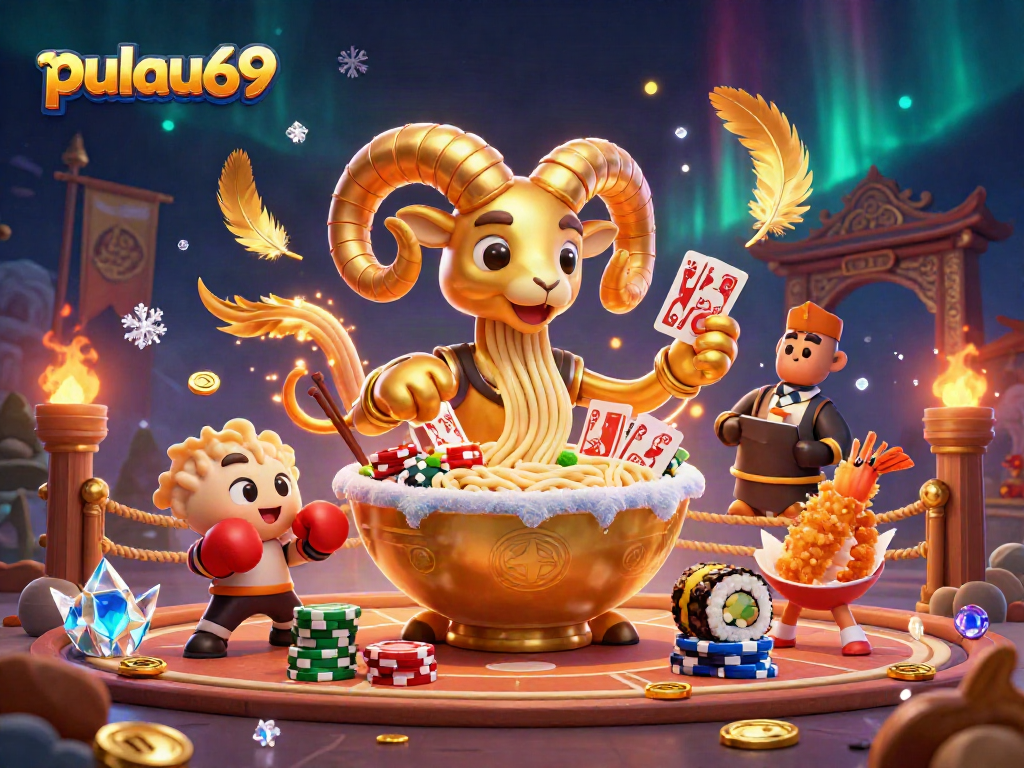 Engage with pulau69 as the giant ramen bowl deals cards amid vibrant casino action.