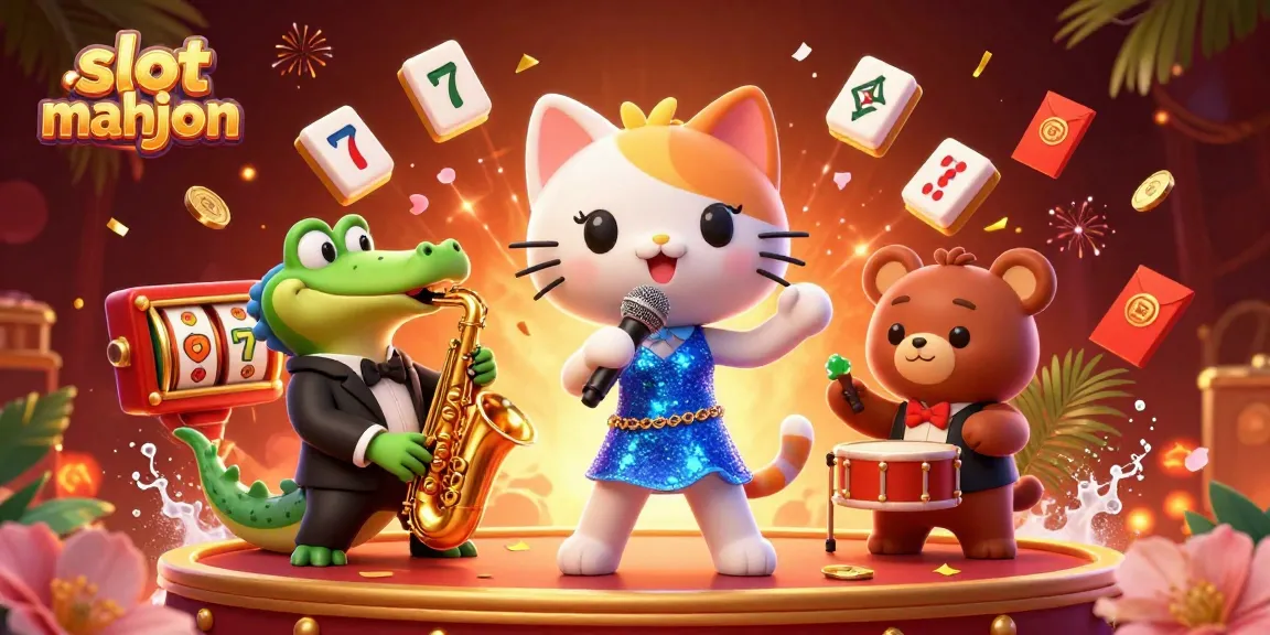 Engage with vibrant slot mahjong action featuring colorful 3D characters and mahjong tiles.